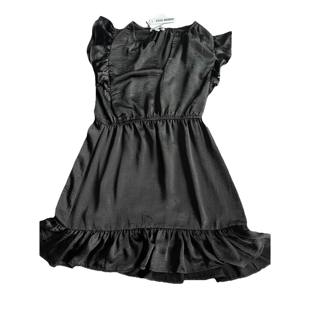 Steve Madden Pleated Cap Sleeve Minidress,‎ Size Large Black NWT